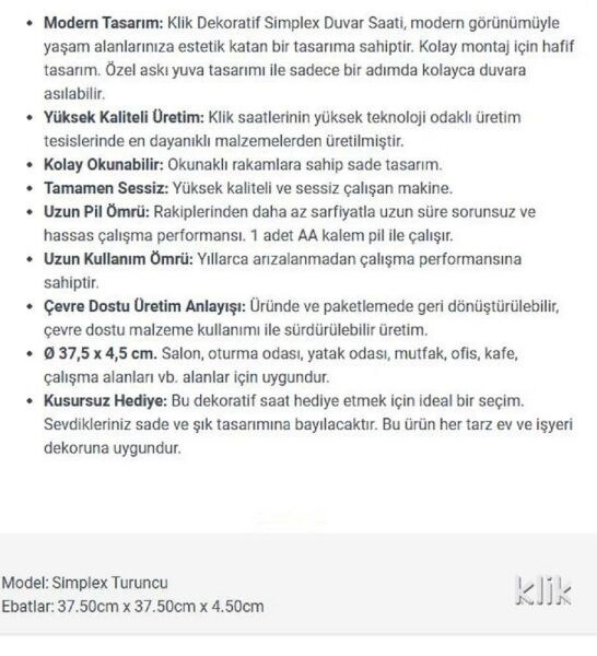 Klik K-Simplex Sarı Joy Serisi 37.5 cm Sessiz Duvar Saati