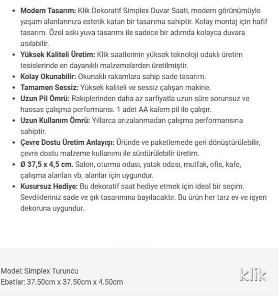 Klik K-Simplex Turuncu Joy Serisi 37.5 cm Sessiz Duvar Saati