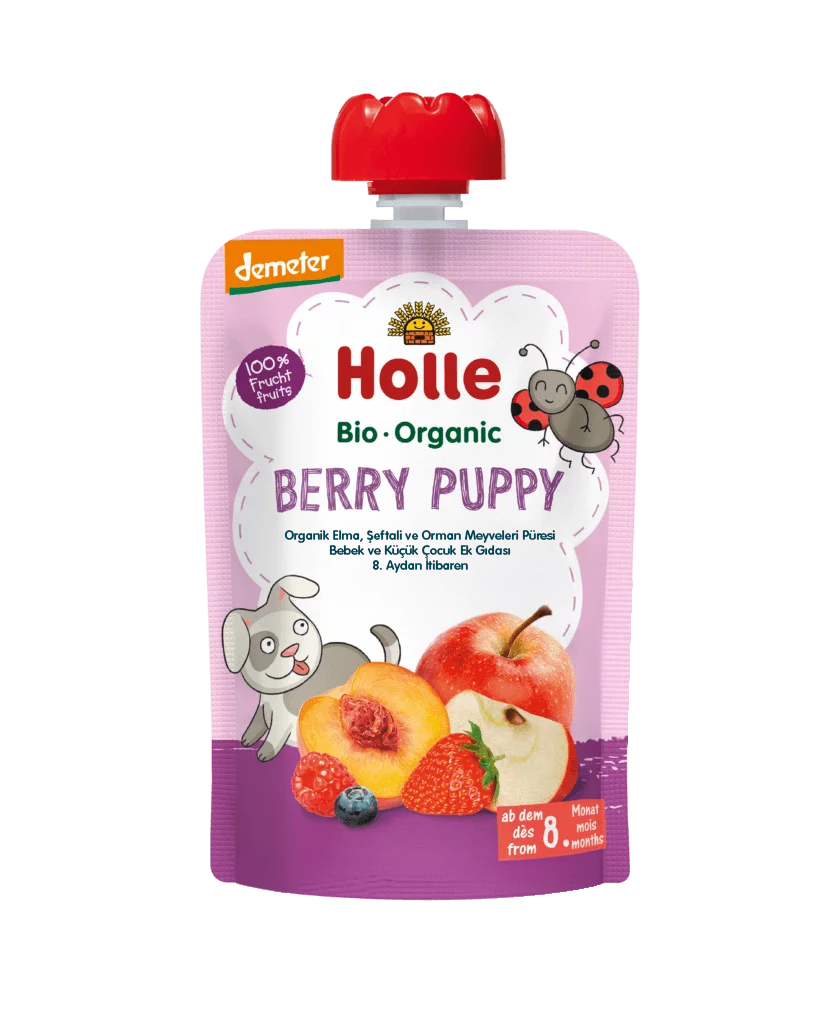 HOLLE ORGANİK BERRY PUPPY (ELMA, ŞEFTALİ, ORMAN MEYVELERİ PÜRESİ)