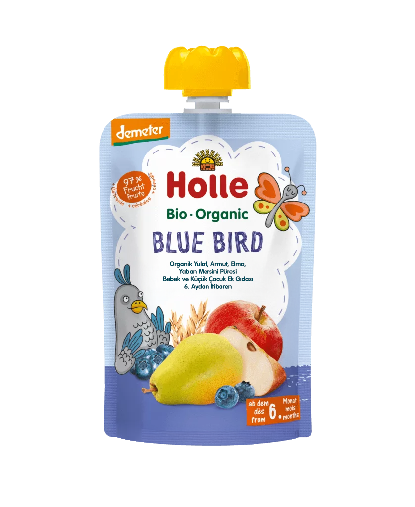 HOLLE ORGANİK BLUE BİRD (YULAF, ARMUT, ELMA, YABAN MERSİNİ PÜRESİ)