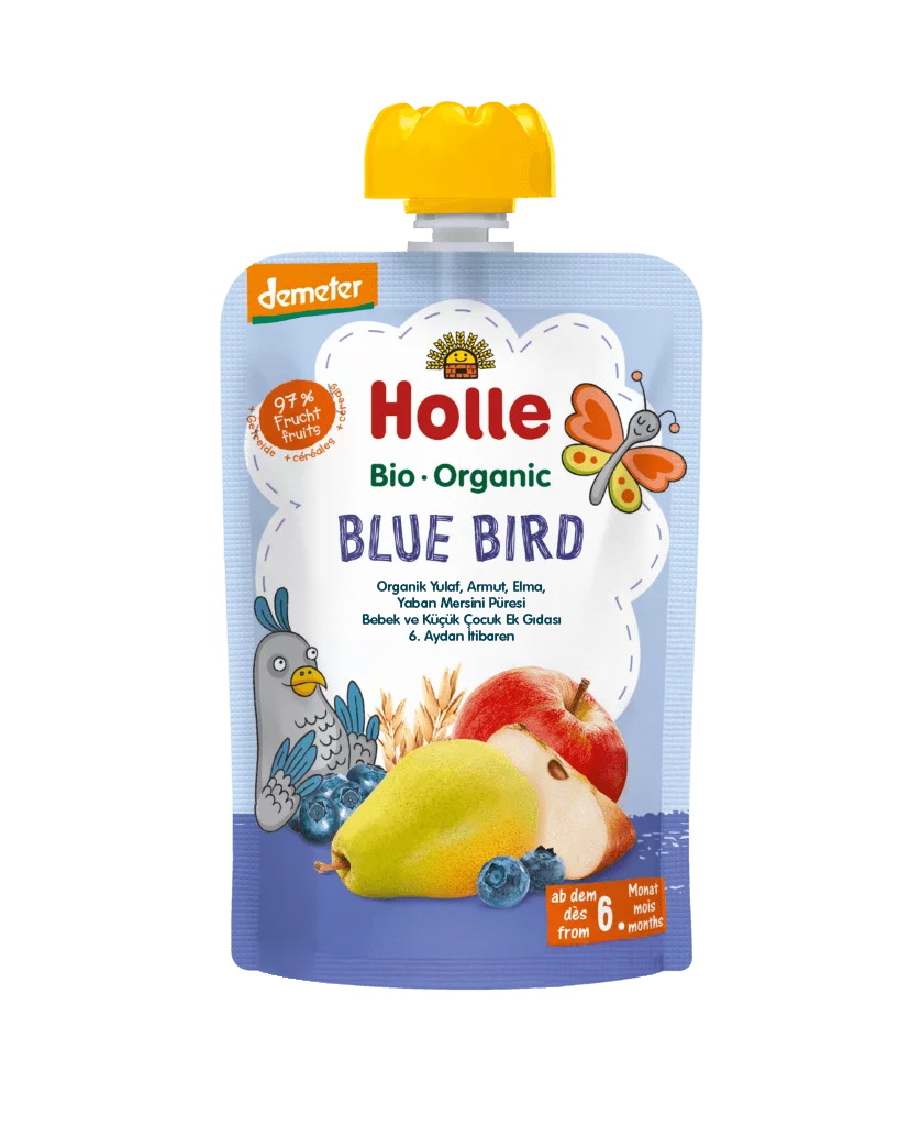 HOLLE ORGANİK BLUE BİRD (YULAF, ARMUT, ELMA, YABAN MERSİNİ PÜRESİ)