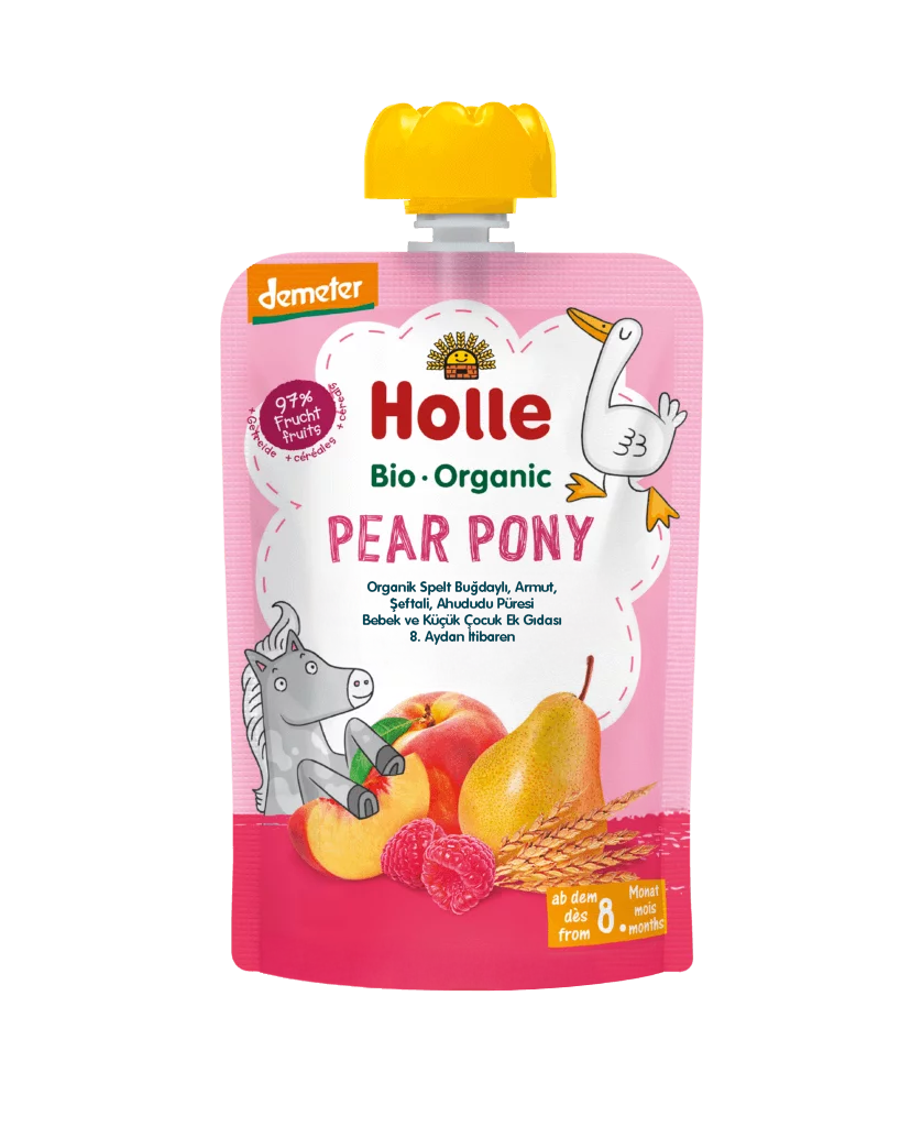HOLLE ORGANİK PEAR PONY (BUĞDAY, ARMUT, ŞEFTALİ, AHUDUDU PÜRESİ)