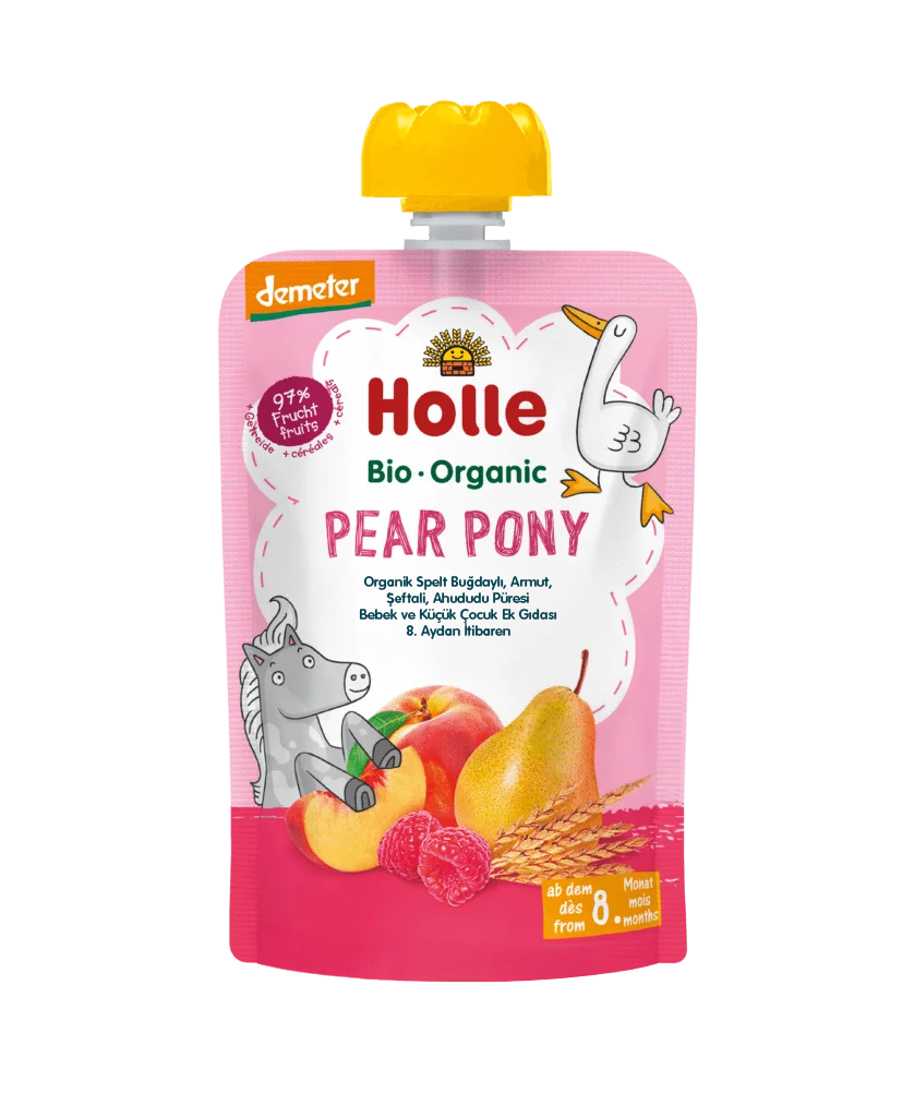 HOLLE ORGANİK PEAR PONY (BUĞDAY, ARMUT, ŞEFTALİ, AHUDUDU PÜRESİ)