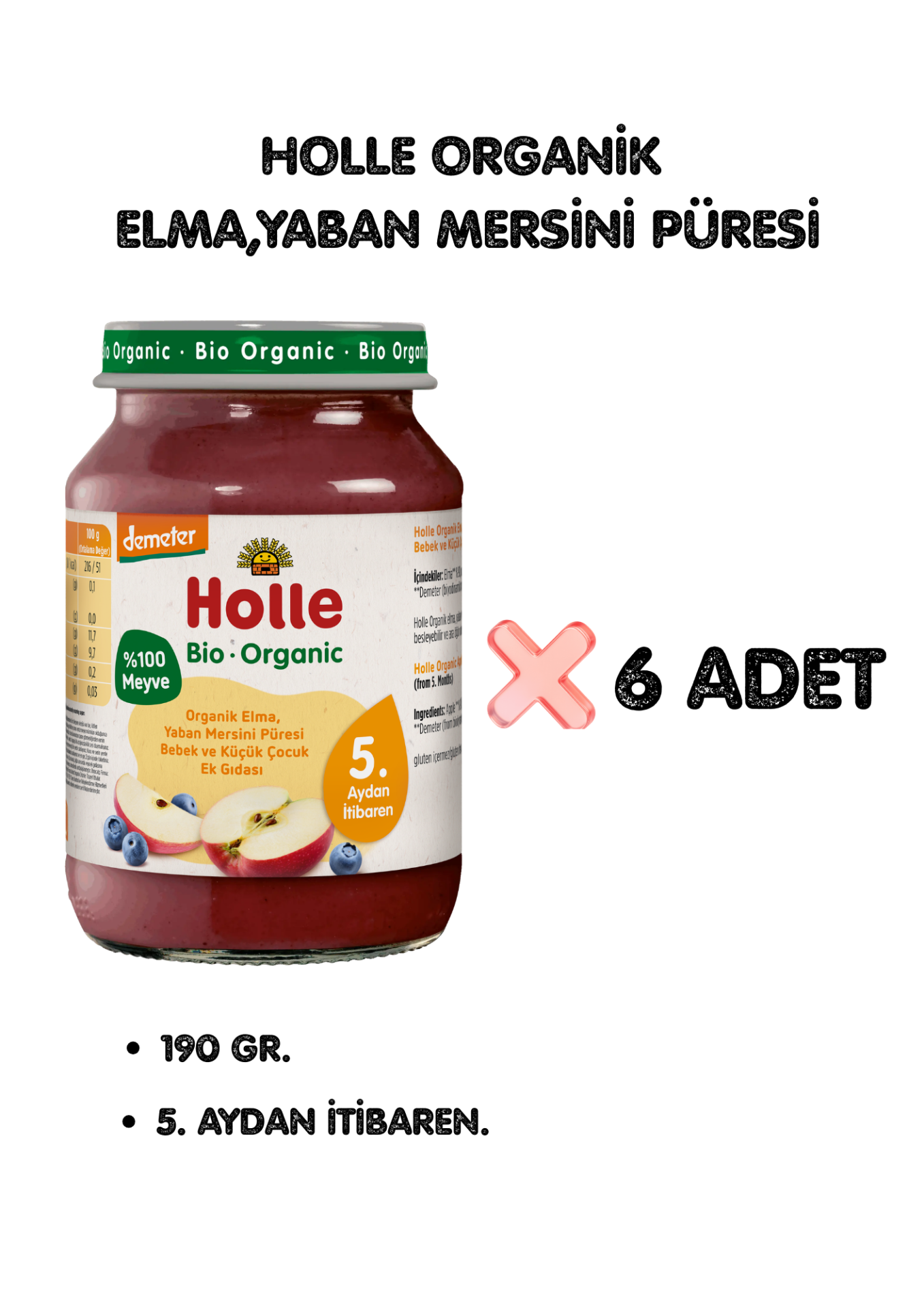 HOLLE ORGANİK ELMA, YABAN MERSİNİ PÜRESİ 6'LI PAKET