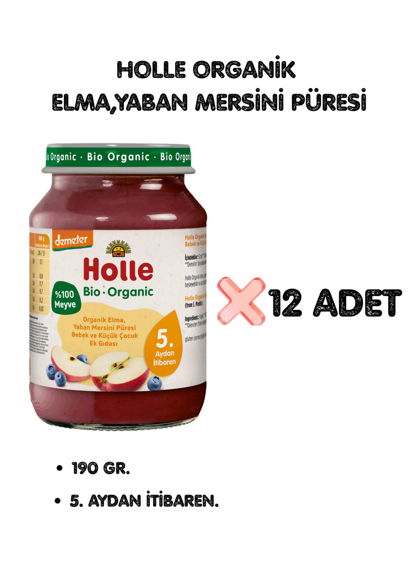 HOLLE ORGANİK ELMA, YABAN MERSİNİ PÜRESİ 12'Lİ PAKET