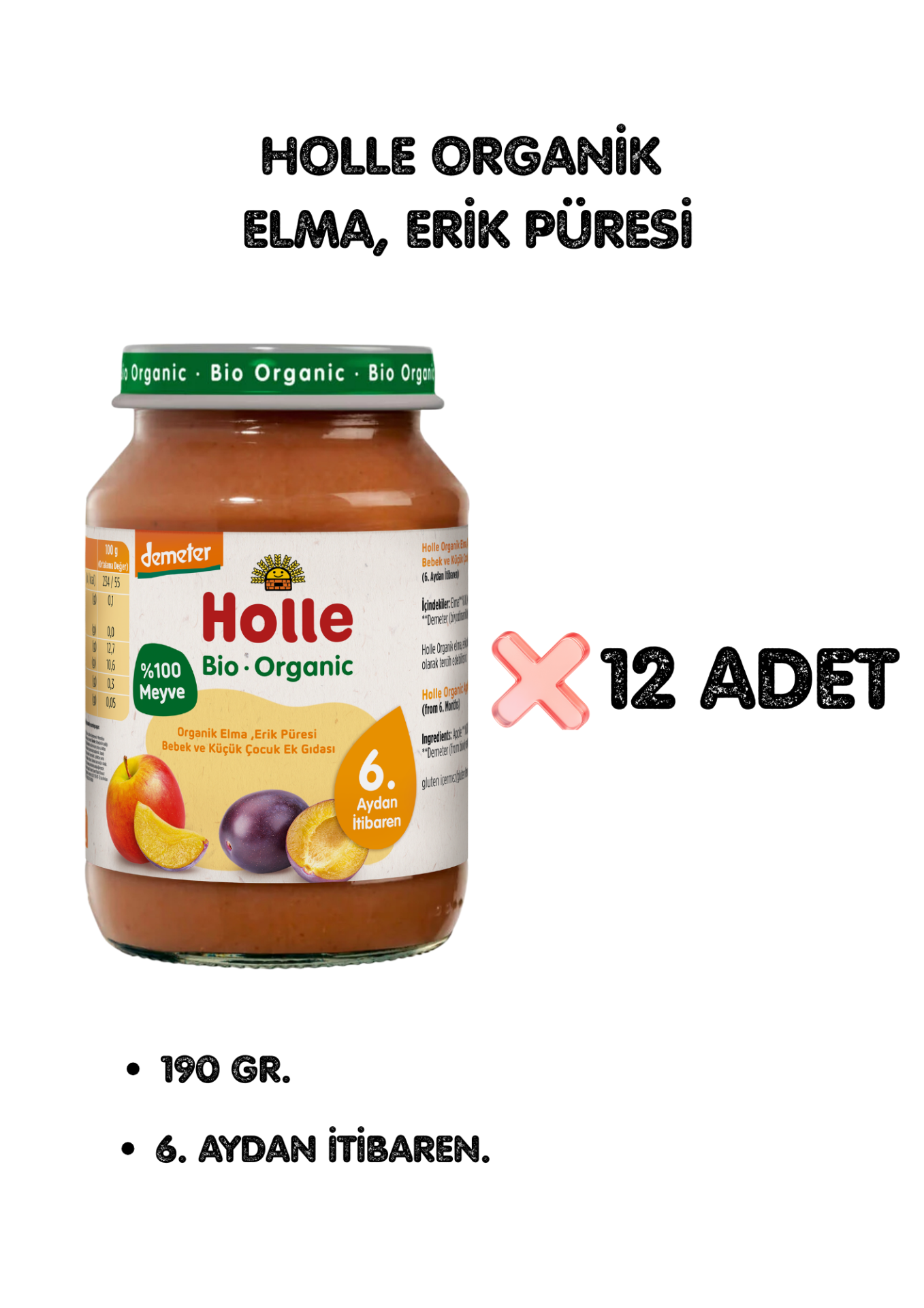 HOLLE ORGANİK ELMA, ERİK PÜRESİ 12'Lİ PAKET