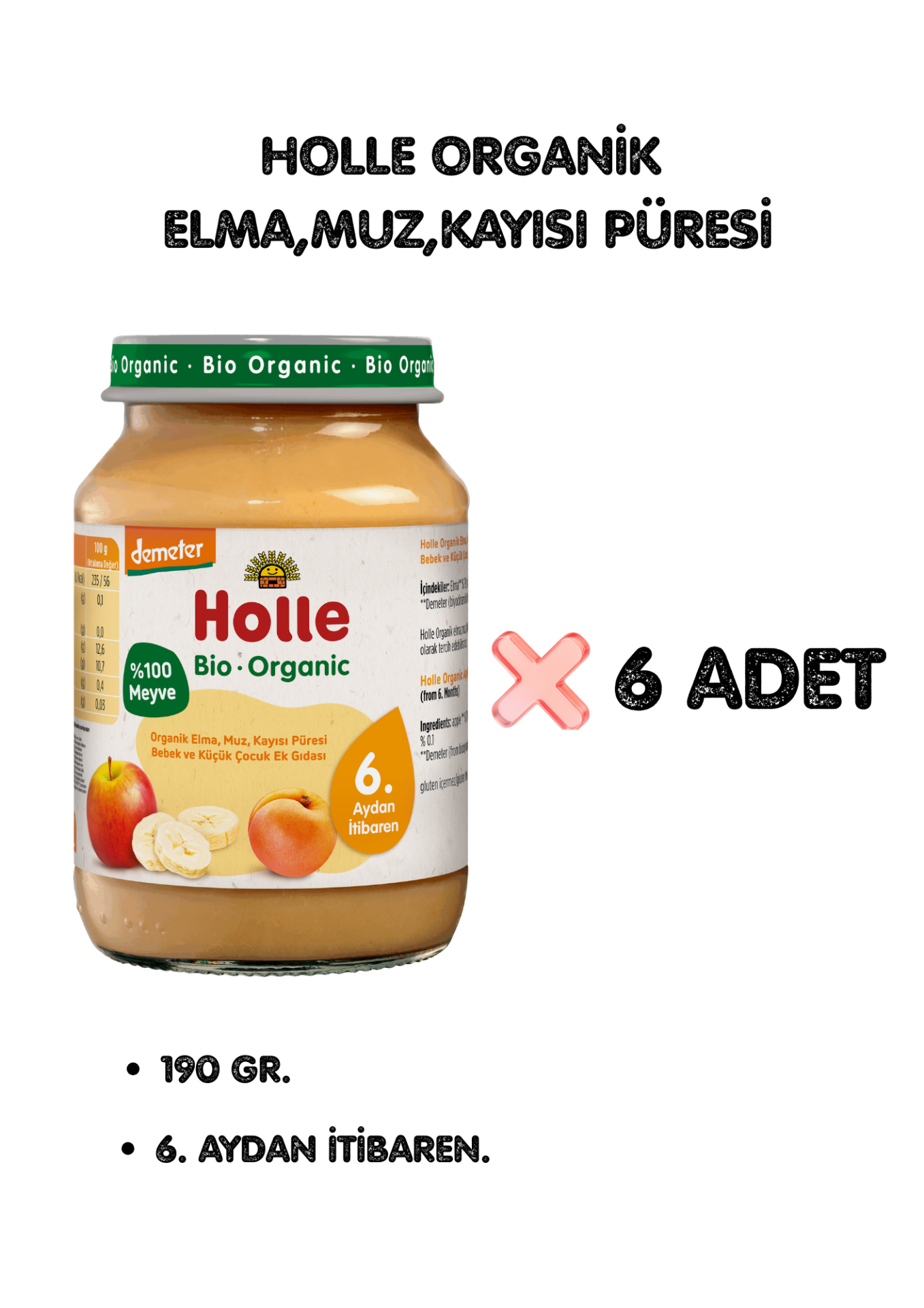 HOLLE ORGANİK ELMA, MUZ, KAYISI PÜRESİ 6'LI PAKET