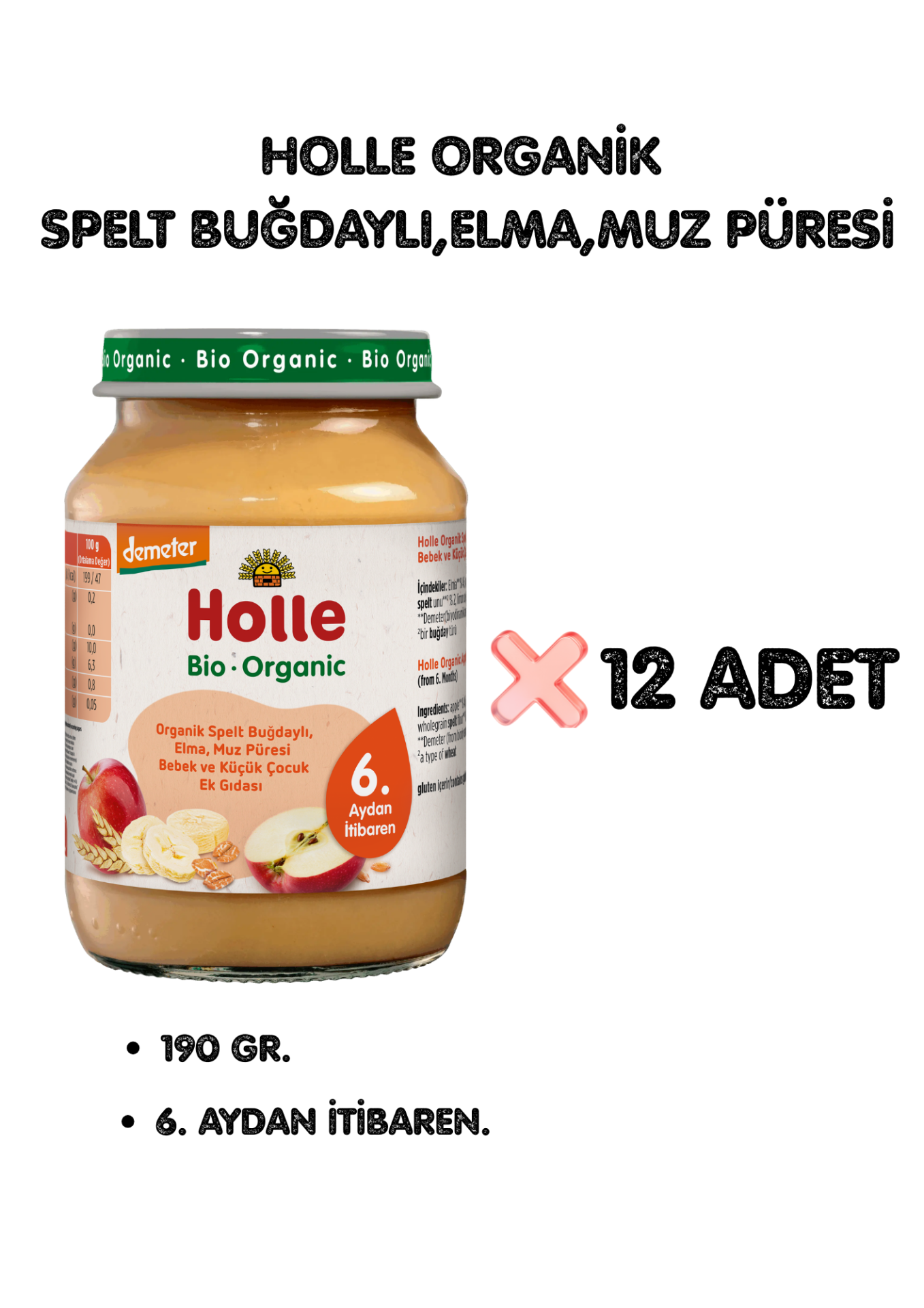 HOLLE ORGANİK SPELT BUĞDAYLI, ELMA, MUZ PÜRESİ 12'Lİ PAKET