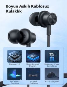 TT-BH115 ENC Mikrofonlu Mıknatıslı Boyun Askılı Bluetooth Kulaklık IPX5 5.3 Bt