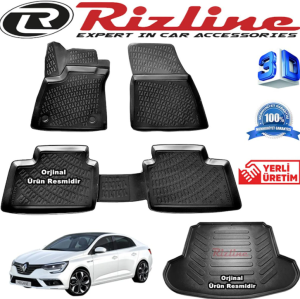 Rizline Megane 4 3D Paspas + 3D Çift Kulaklı Bagaj Havuzu Sedan 2016 Sonrası Siyah Set
