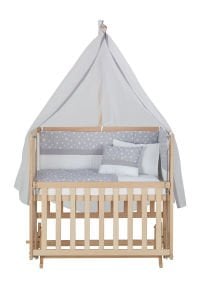 Baby Tech 50X90 Naturel Boyasız 4 Kademeli Beşik + Gri Yıldızlı Uyku Seti