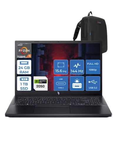 Acer Nitro V15 Amd Ryzen 5 7535HS 24GB Ddr5 1tb SSD 4GB/RTX2050/75W Freedos 15.6'' Fhd 144Hz Taşınabilir Bilgisayar ANV15R3F8F06 + Zettaçanta