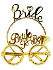 Bride Yazılı Taç ve Bride To Be Yazılı Gözlük Seti Altın Renk