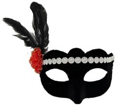 Siyah Renk Süet Kaplama Gümüş Dantelli Kırmızı Gül Tasarımlı Parti Maskesi 18x20 cm