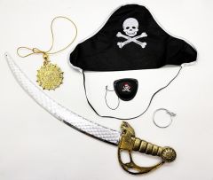 Kaptan Korsan Şapkası Kılıcı Göz Bandı Küpe ve Korsan Madalyonu 5 Parçalık Kostüm Seti