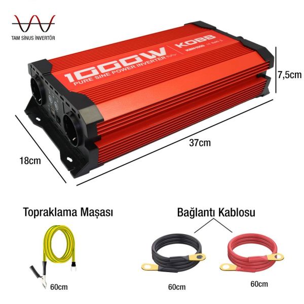 KOBB KBN1000 12V/220V Tam Sinüs Dönüştürücü İnvertör 1000Watt