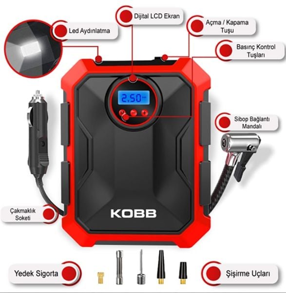 KOBB KB200 12Volt 150 PSI Ayarlanabilir Dijital Basınç Göstergeli Hava Lastik Şişirme Pompası