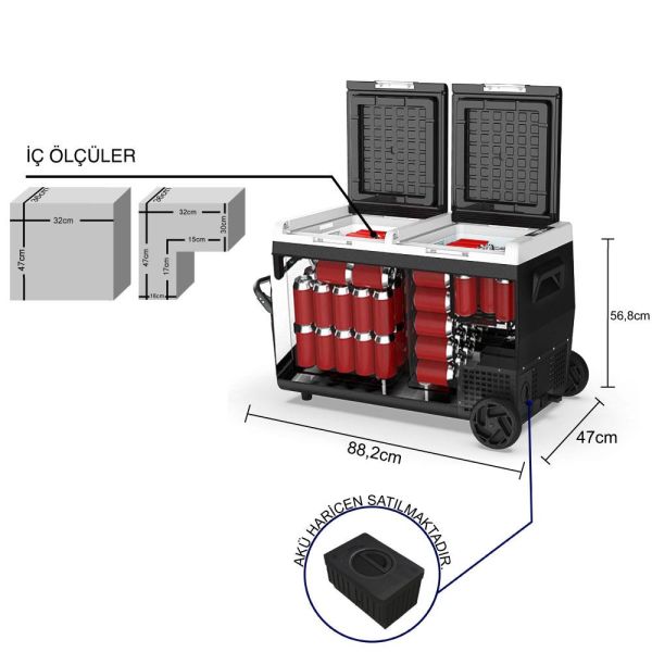 ICECO 95 Litre Akülü Kablolu ve Çift Bölmeli Kompresörlü Oto Buzdolabı Dondurucu K95D (Akü Dahil Değildir)