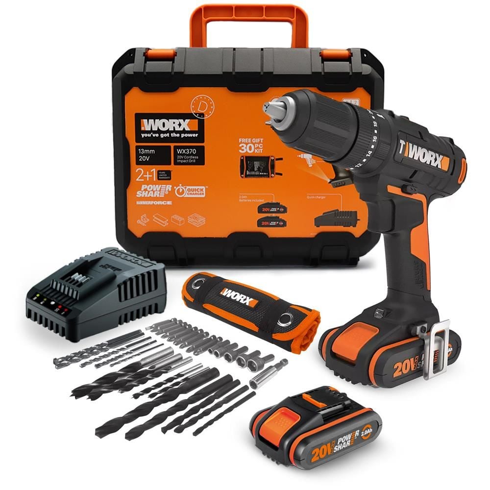 WORX WX370 Çift Akülü Profesyonel Şarjlı Darbeli Matkap 20Volt/2Ah.  + 30 Parça Aksesuar Seti