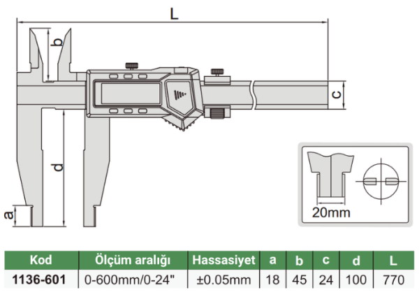 İnsize 1136-601 Çift Çeneli Dijital Kumpas 0-600mm