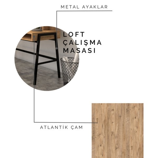 Loft Metal Ayaklı Çalışma Masası 120 cm Atlantik Çam