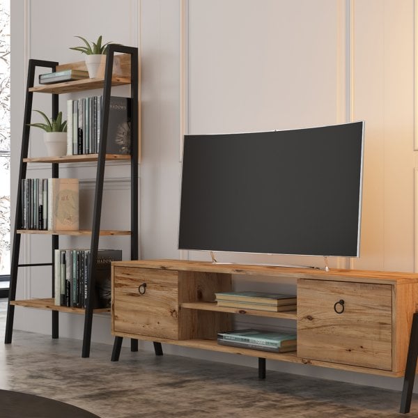 Loft Metal TV Ünitesi ve Kitaplık Seti Atlantik Çam