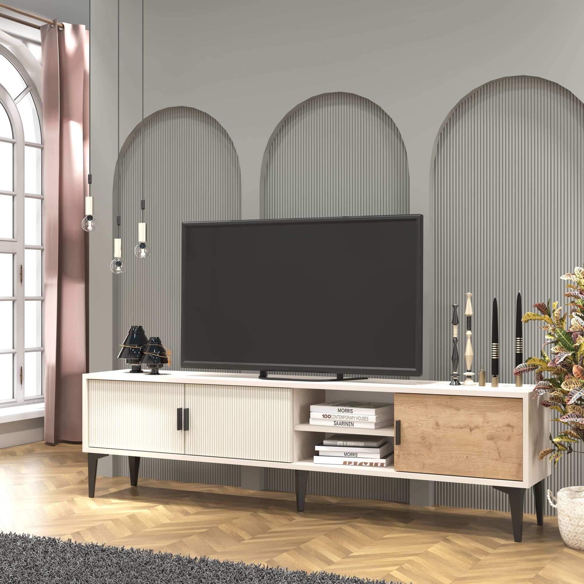 Marin Tv Ünitesi Tv Sehpası 180 cm Çizgi desenli , Raflı , Sis Gri