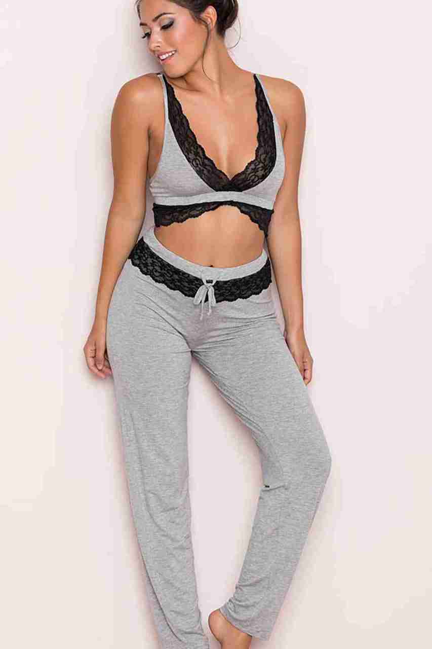 Merry See Gri Dantel İşlemeli Eşofman Pijama Alt Gri