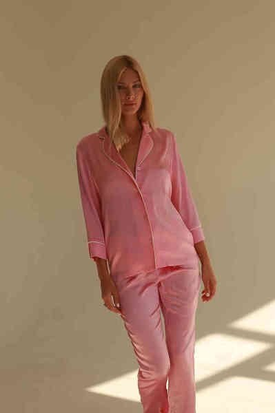 Merry See Saten Pijama Takım Düğmeli Pembe