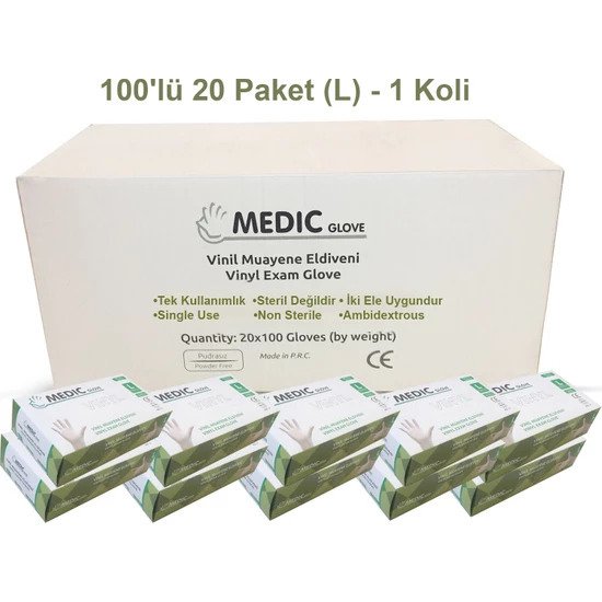 MEDIC GLOVE Şeffaf Pudrasız Vinil Muayene Eldiveni (Large) 100'lü x 20 Paket - 1 Koli
