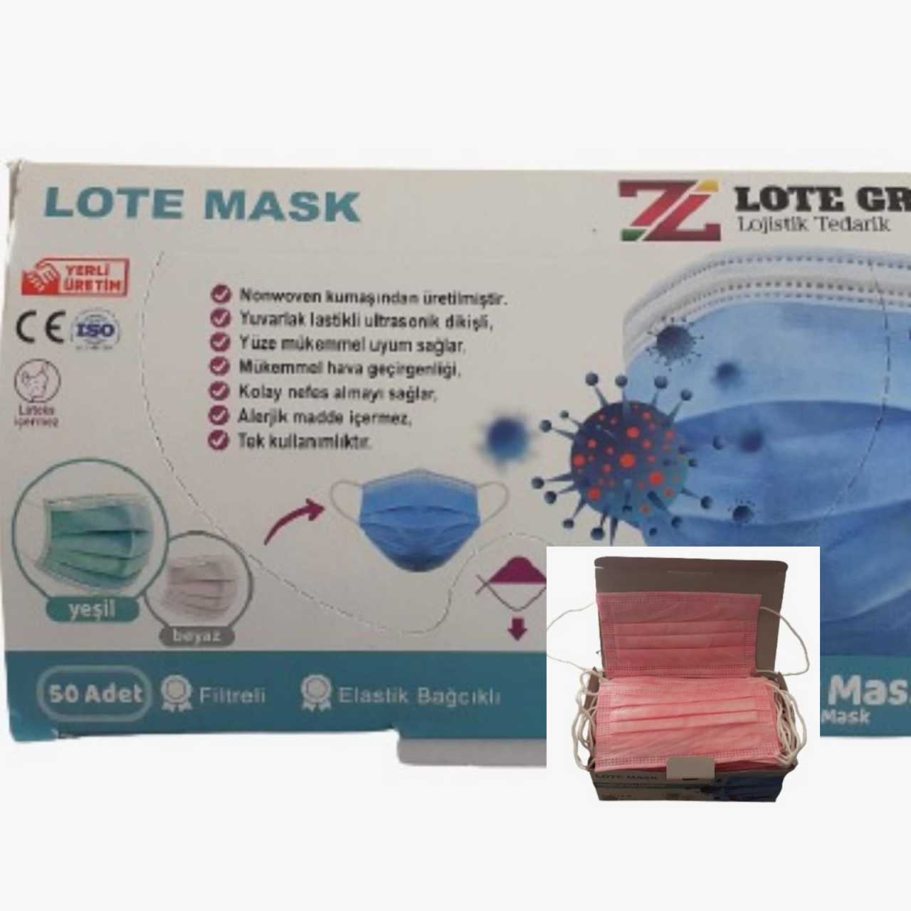 Lote Maske  3 (Üç) Katlı Lastikli Cerrahi Bez Ağız Burun Maskesi 50'li Paket-5'li Kutu-Pembe