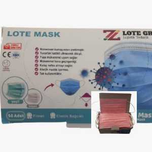 Lote Maske  3 (Üç) Katlı Lastikli Cerrahi Bez Ağız Burun Maskesi 50'li Paket-10'lu Kutu-Pembe