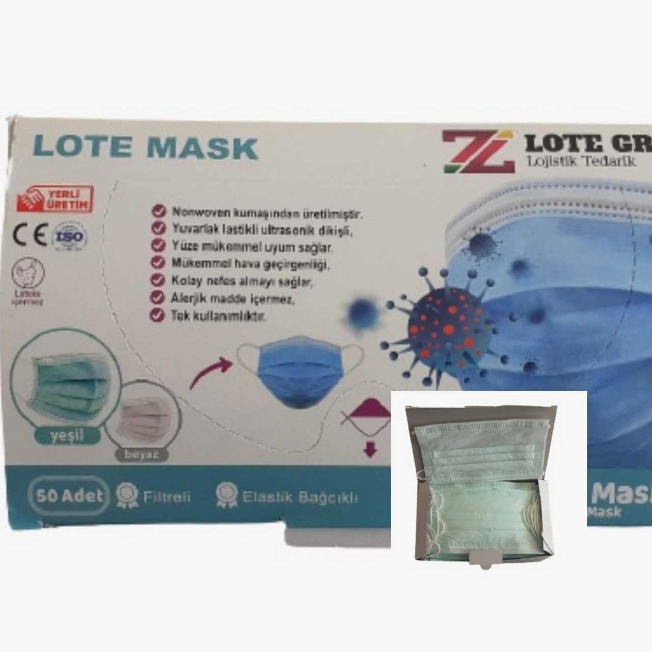 Lote Maske  3 (Üç) Katlı Lastikli Cerrahi Bez Ağız Burun Maskesi 50'li Paket-10'lu Kutu-Yeşil