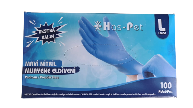 Has-Pet Mavi Pudrasız Nitril Ekstra Kalın Muayene Eldiveni (Large) 100'lü x 20 Paket - Koli