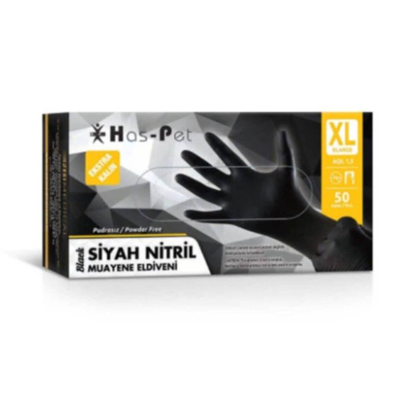 Has-Pet Siyah Pudrasız Nitril (XL) Ekstra Kalın Muayene Eldiveni 50'li - 20 Paket - 1 Koli