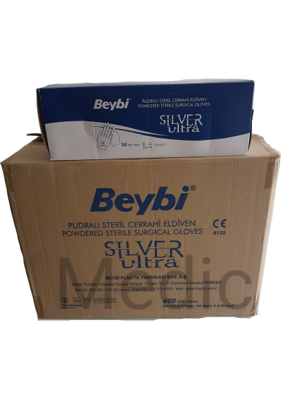 Beybi Pudralı Steril Cerrahi Eldiven Silver Ultra 50'li Paket (No:8,0) x 8 Pk-1 Koli