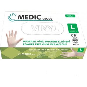 MEDIC GLOVE Pudrasız Vinil (Vinyl) Muayene Eldiveni (Large-Büyük) 100'lü x Paket