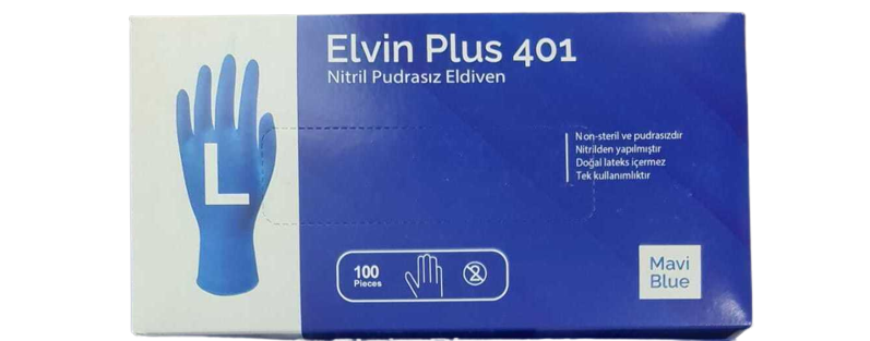 Elvin Plus 401 Mavi Pudrasız Nitril Muayene Eldiveni (Large) 100'lü Pk