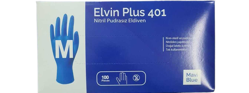 Elvin Plus 401 Mavi Pudrasız Nitril Muayene Eldiveni (Medium) 100'lü Pk