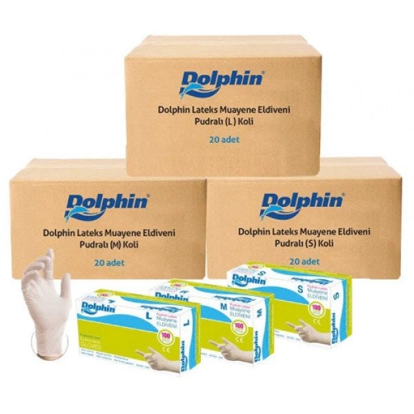 Dolphin Pudralı Lateks Muayene Eldiveni (Large) 20 Paket-1 Koli