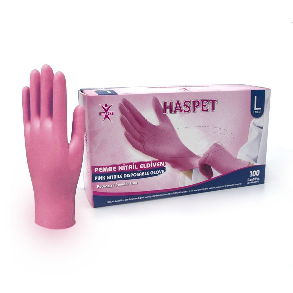 HASPET Pembe Nitril Pudrasız Muayene Eldiveni (Large) 100'lü Pk