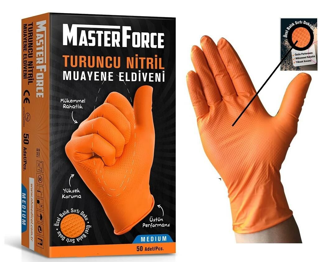 MasterForce Turuncu Pudrasız Nitril (XL) Muayene Eldiveni 50'li Paket