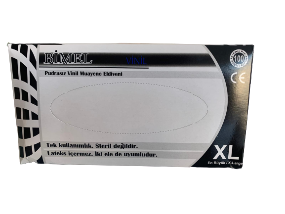 BİMEL Şeffaf Pudrasız Vinil Muayene Eldiveni (XL) 100'lü x 20 Paket-1 Koli