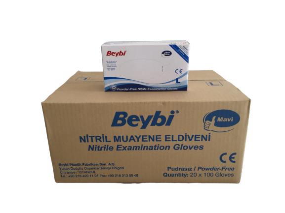 Beybi Mavi Pudrasız Nitril Muayene Eldiveni (Large) - 20 Paket - 1 Koli
