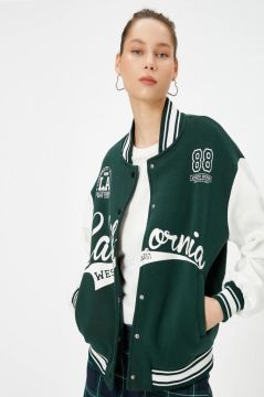 Koton Bomber Ceket Aplike Detaylı Kolej Baskılı Cepli