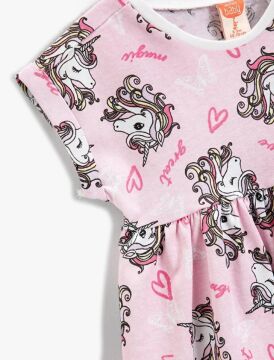 Koton Kız Çocuk Unicorn Baskılı Kısa Kollu Elbise