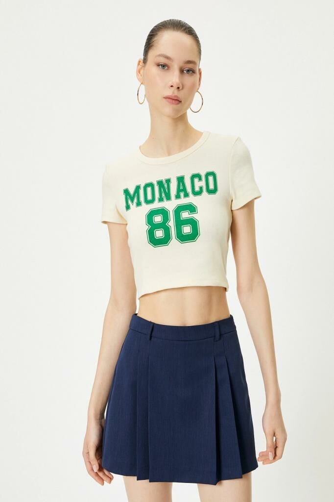 Koton Crop Monaco Tişört Kısa Kollu Bisiklet Yaka Pamuklu Slim Fit
