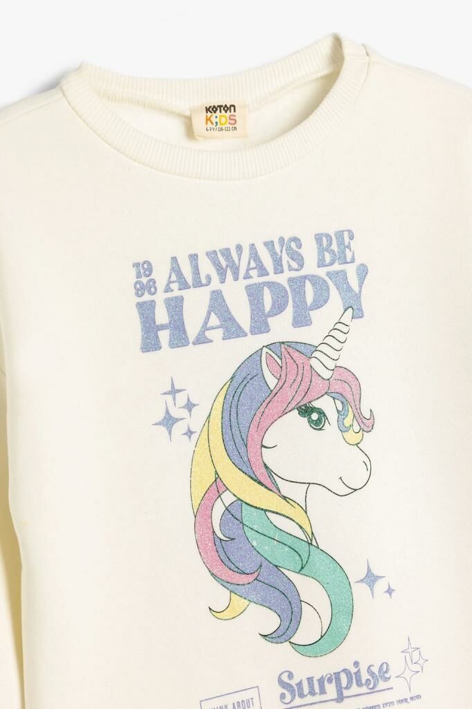 Koton Kız Çocuk Unicorn Sweatshirt Uzun Kollu Bisiklet Yaka Şardonlu Pamuklu