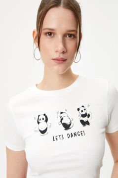 Koton Panda Baskılı Tişört Slim Fit Pamuklu Kısa Kollu Bisiklet Yaka