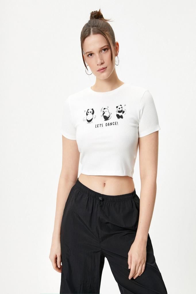 Koton Panda Baskılı Tişört Slim Fit Pamuklu Kısa Kollu Bisiklet Yaka
